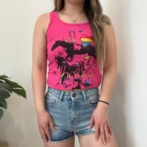 Justice I Love Horses holographic Barbie pink ribbed graphic tank top girls 14